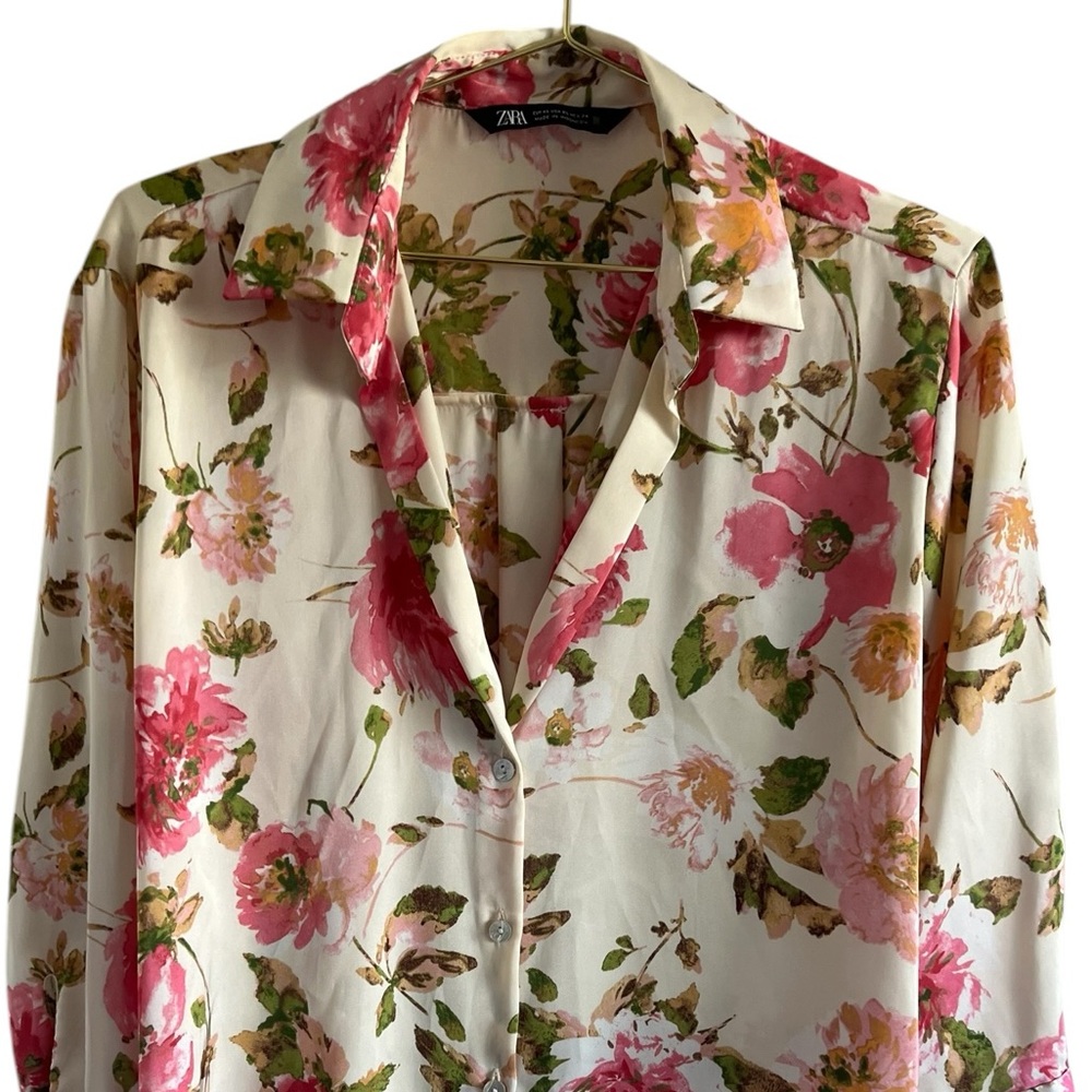 Zara Floral Button-Down Shirt in Cream, Pink and Green